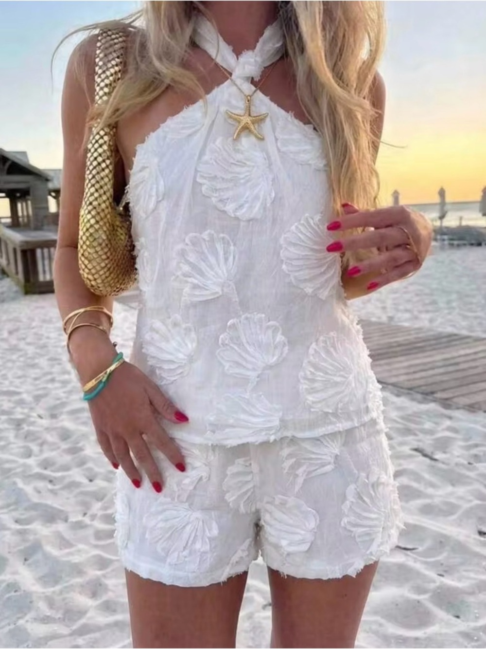 SHEIN White Shell-Detail Halter Tank & Shorts Summer Set